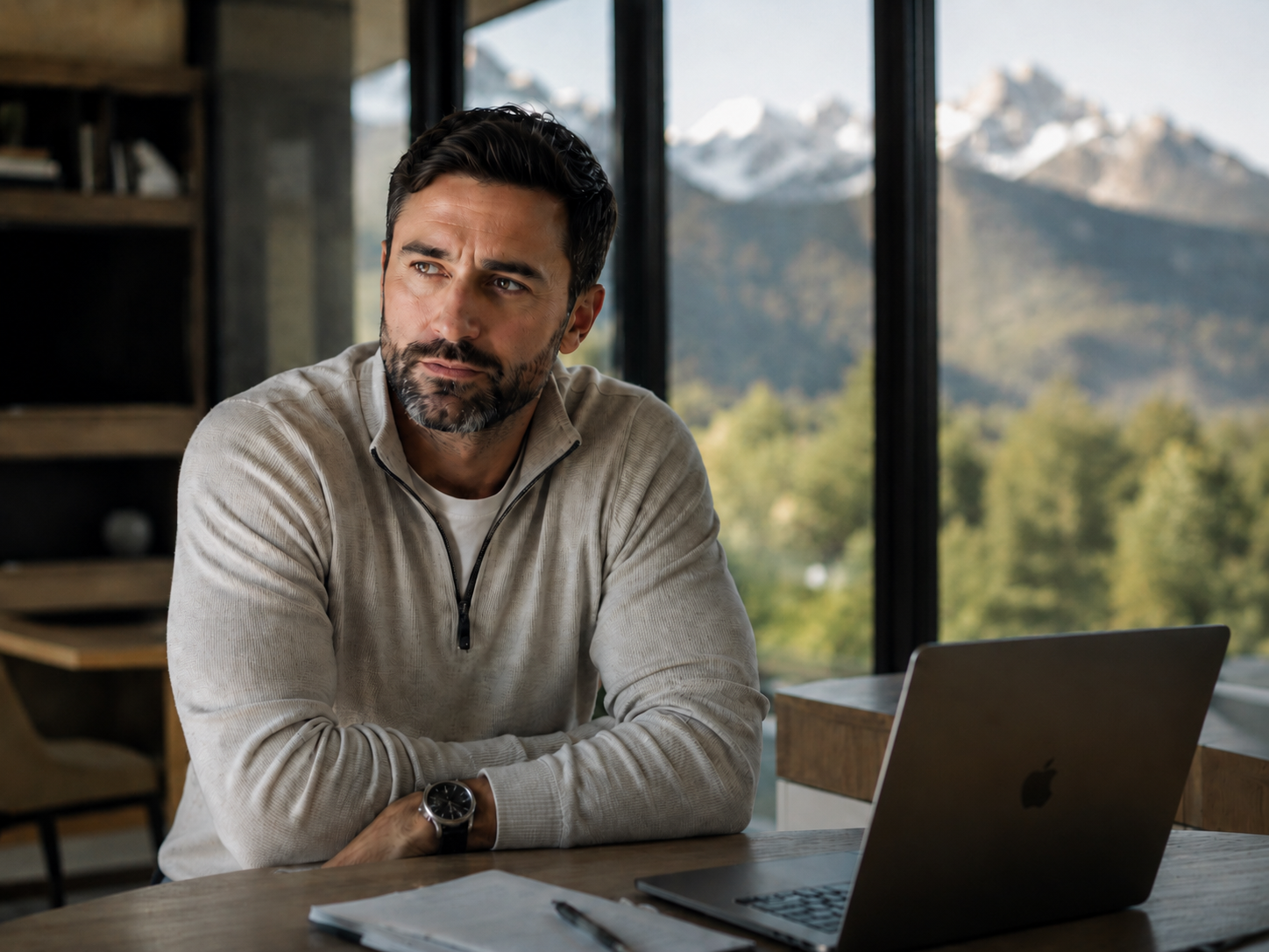 A man pausing at his desk by a mountain-facing window
